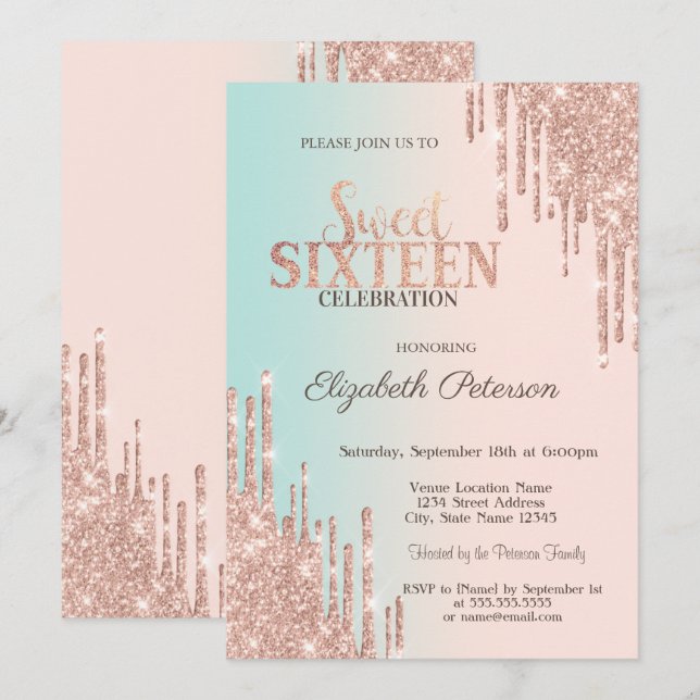 Eleganter Glitzer Tropfen Rose Gold Ombre Sweet 16 Einladung (Vorne/Hinten)
