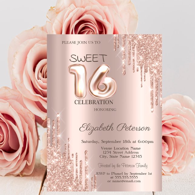 Eleganter Glitzer Tropfen Rose Gold Sweet 16 Einladung (Von Creator hochgeladen)