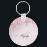eleganter Glitzer Tropfen trendy mädchenhaft perso Schlüsselanhänger<br><div class="desc">Elegantes Monogramm und bearbeitbares Skript mit personalisiertem Namen auf Imitaten Rose Gold lila mädchenhaften Glitzer Hintergrund.</div>
