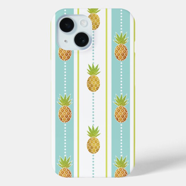 Eleganter Glitzer Tropisches Ananas Streifen Muste iPhone 15 Hülle (Rückseite)