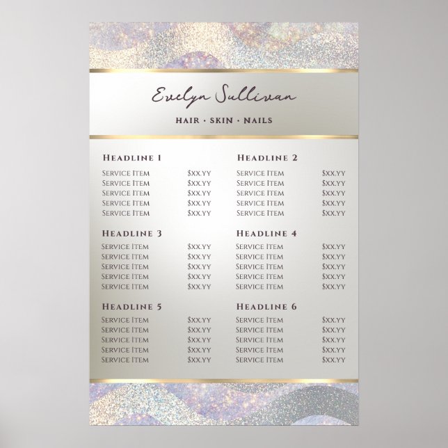 Eleganter Glitzer Wasserfarbenwellen Preisliste Po Poster (Vorne)