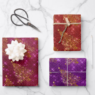 Eleganter Glitzer Weihnachtsbaummuster Geschenkpapier Set