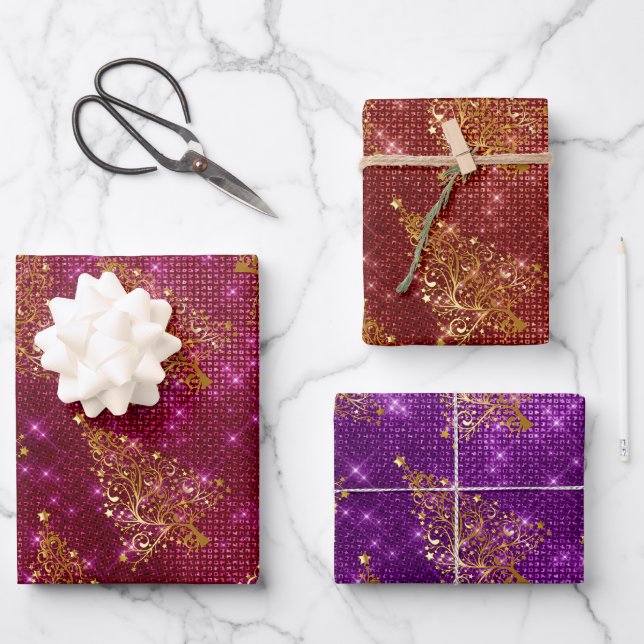 Eleganter Glitzer Weihnachtsbaummuster Geschenkpapier Set (Vorderseite)