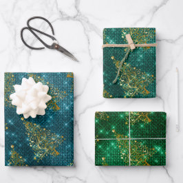 Eleganter Glitzer Weihnachtsbaummuster Geschenkpapier Set