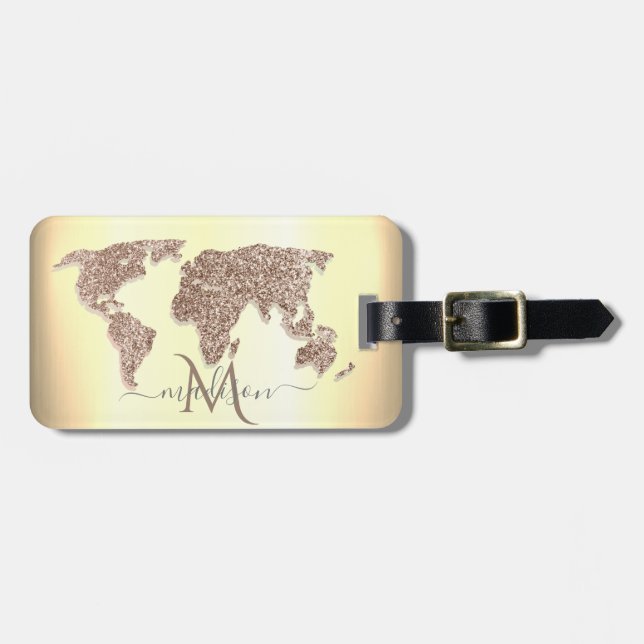 Eleganter Glitzer World Map Travel Monogram Gepäckanhänger (Vorderseite horizontal)
