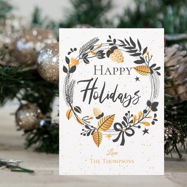 Eleganter glücklicher Urlaub Niedlicher gelber Sch Mitteilungskarte (Elegant Happy Holidays Cute Yellow Black Wreath Holiday  Note Card)