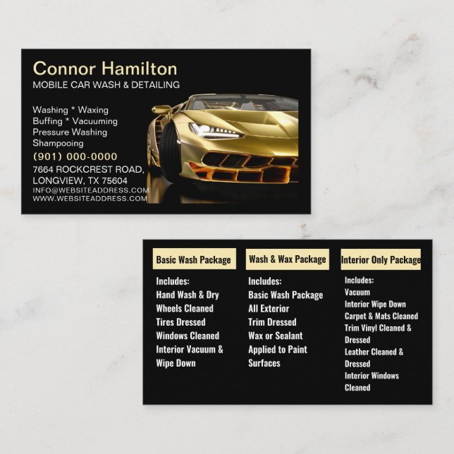Eleganter goid Black Mobile Auto Wash Detailinform Visitenkarte (Vorne/Hinten)