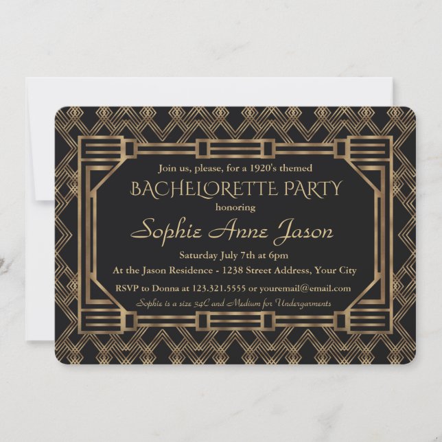 Eleganter Gold Black Great Gatsby Junggeselinnen-A Einladung (Vorderseite)