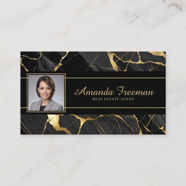 Eleganter Gold & Black Marble Real Anwesen Agent Visitenkarte (Vorderseite)