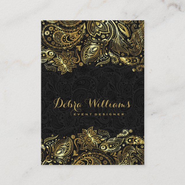 Eleganter Gold & Black Paisley Wedding Planner Visitenkarte (Vorderseite)