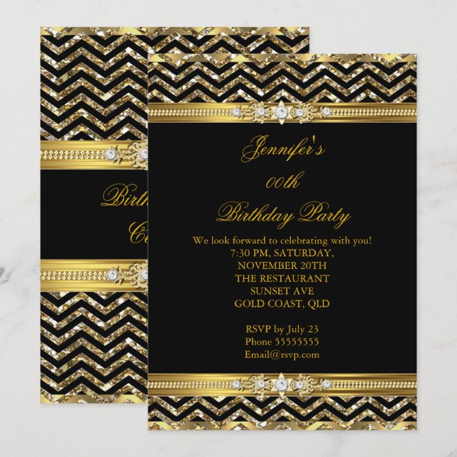 Eleganter Gold Black Zickzack Diamond Geburtstag 2 Einladung (Vorne/Hinten)