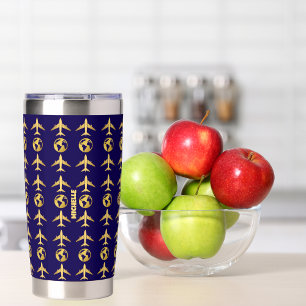 Eleganter Gold-Blauer-Flugzeug-Weltglobus, Minimal Thermobecher