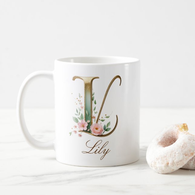 Eleganter Gold-Blumen-Initial-L-Monogramm-Becher Kaffeetasse (Mit Donut)