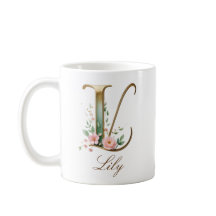 Eleganter Gold-Blumen-Initial-L-Monogramm-Becher