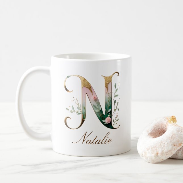 Eleganter Gold-Blumen-Initialen-N-Monogramm-Becher Kaffeetasse (Mit Donut)