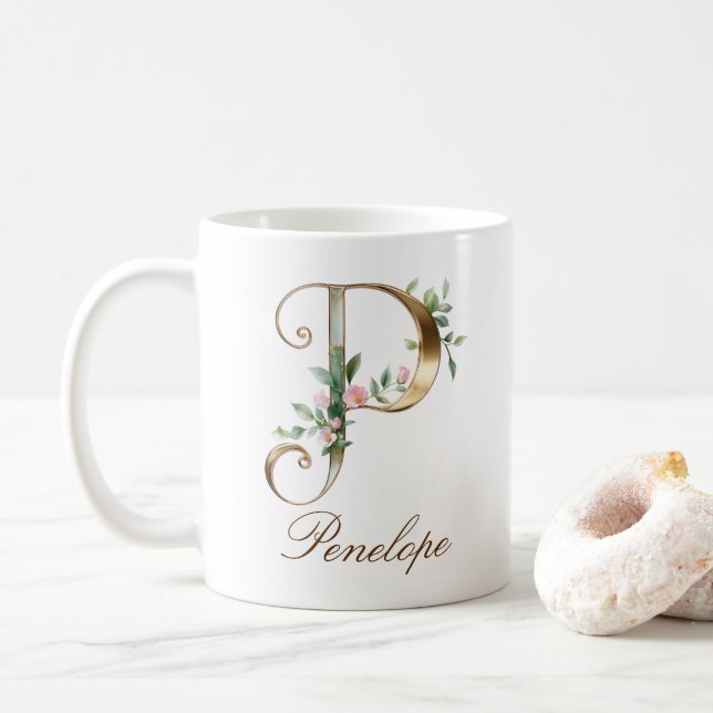 Eleganter Gold-Blumen-Initialen-P-Monogramm-Becher Kaffeetasse (Mit Donut)
