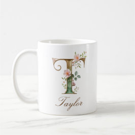 Eleganter Gold-Blumen-Initialen-T-Monogramm-Becher Kaffeetasse