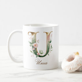 Eleganter Gold-Blumen-Initialen-U-Monogramm-Becher Kaffeetasse