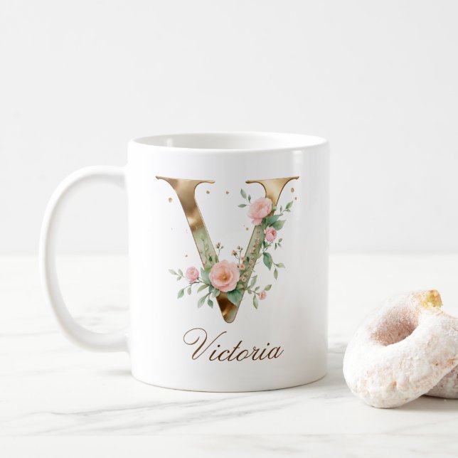 Eleganter Gold-Blumen-Initialen-V-Monogramm-Becher Kaffeetasse (Mit Donut)