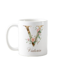 Eleganter Gold-Blumen-Initialen-V-Monogramm-Becher