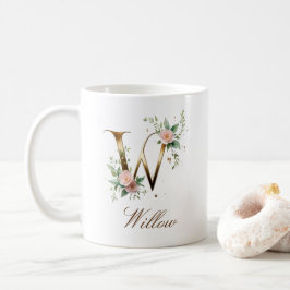 Eleganter Gold-Blumen-Initialen-W-Monogramm-Becher Kaffeetasse