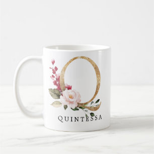 Eleganter Gold-Blush-Rosa-Blumen-Buchstabe Q Kaffeetasse