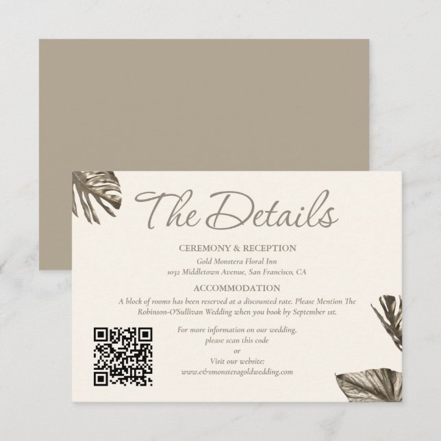 Eleganter Gold Botanischer QR Code Hochzeit der De Begleitkarte (Vorne/Hinten)