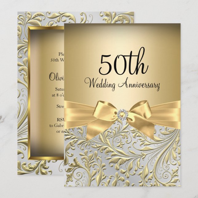 Eleganter Gold Bow Blumenwirl 50 Jahre alt Einladung (Vorne/Hinten)