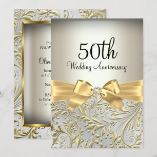 Eleganter Gold Bow & Floral Swirl 50 Jahre alt Einladung
