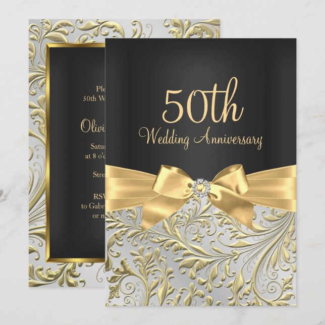 Eleganter Gold Bow & Floral Swirl 50 Jahre alt Einladung (Vorne/Hinten)