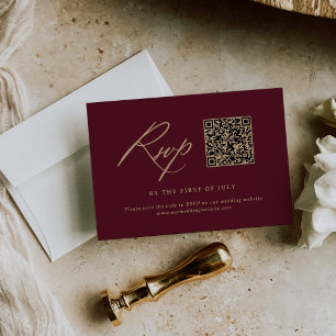 Eleganter Gold Burgundy Calligraphy Wedding QR Cod RSVP Karte