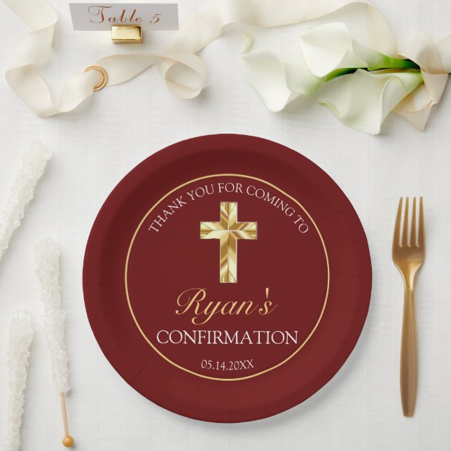 Eleganter Gold Cross Burgundy Confirmation Empfang Pappteller (Hochzeit)