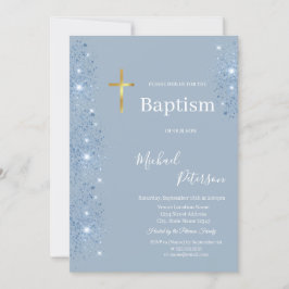 Eleganter Gold Cross Taufe Dusty Blue Glitzer Einladung