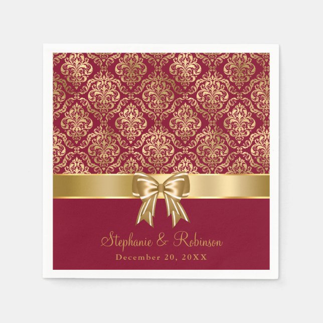 Eleganter Gold Damask auf Burgunder Hochzeit Serviette (Vorderseite)