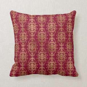Eleganter Gold Damask auf Burgundy Throw Kissen