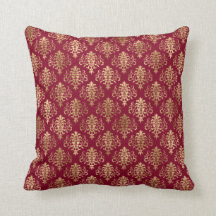 Eleganter Gold Damask auf Burgundy Throw Kissen
