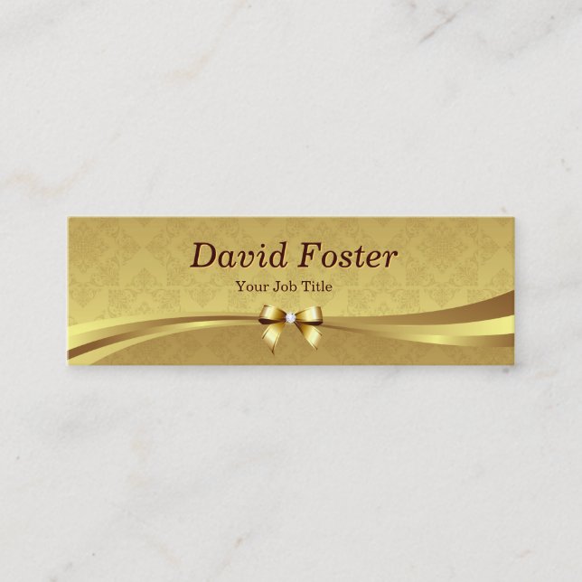 Eleganter Gold Damask mit Shiny Diamond Ribbon Bow Mini Visitenkarte (Vorderseite)