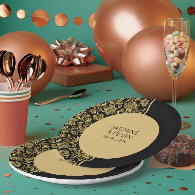 Eleganter Gold Damask und Schwarzer Teilbildschirm Pappteller (Multi)