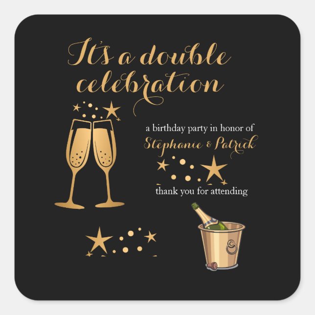Eleganter Gold Double Celebration Joint Geburtstag Quadratischer Aufkleber (Vorderseite)