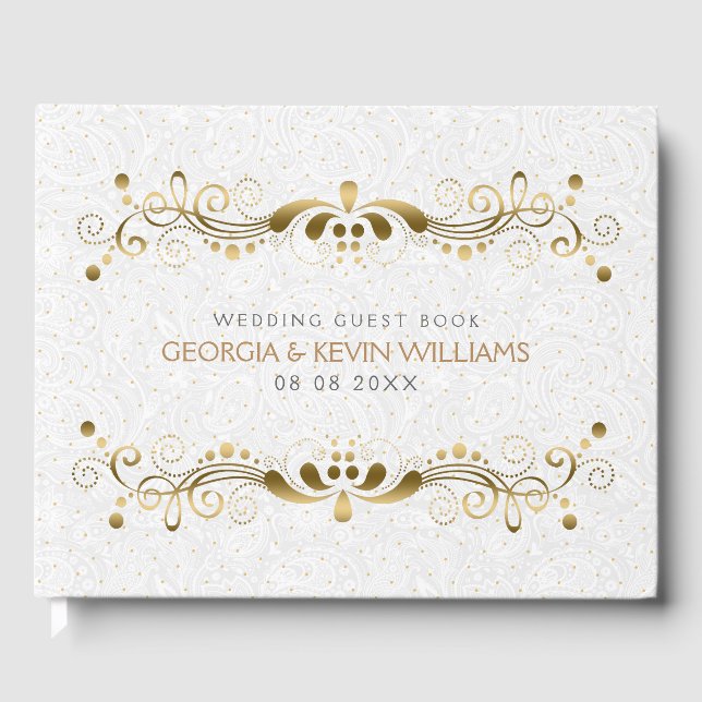 Eleganter Gold Floral Lace Rahmen Gästebuch (Vorderseite)
