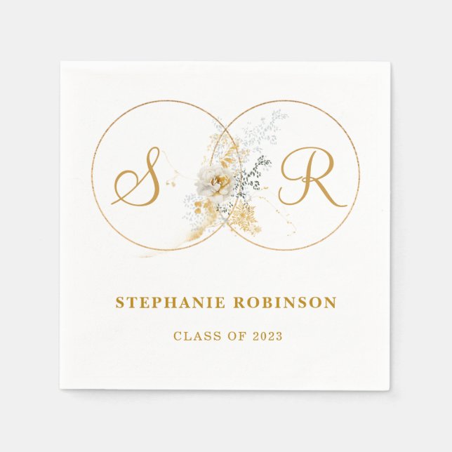 Eleganter Gold Floral Monogram Abschluss Serviette (Vorderseite)