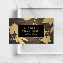 Eleganter Gold Floral Muster Dunkler Holzdesigner Visitenkarte
