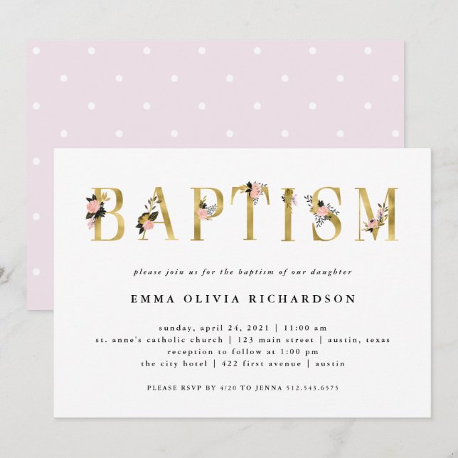 Eleganter Gold Floral Text | Taufe Einladung (Vorne/Hinten)