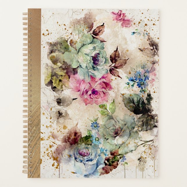 Eleganter Gold Floral Wasserfarbe Rustikaler Hochz Planer (Vorderseite)