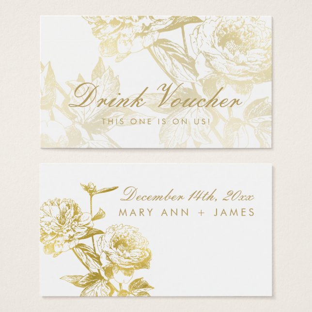 Eleganter Gold Floral Wedding Drink Gutschein (Vorne & Hinten)