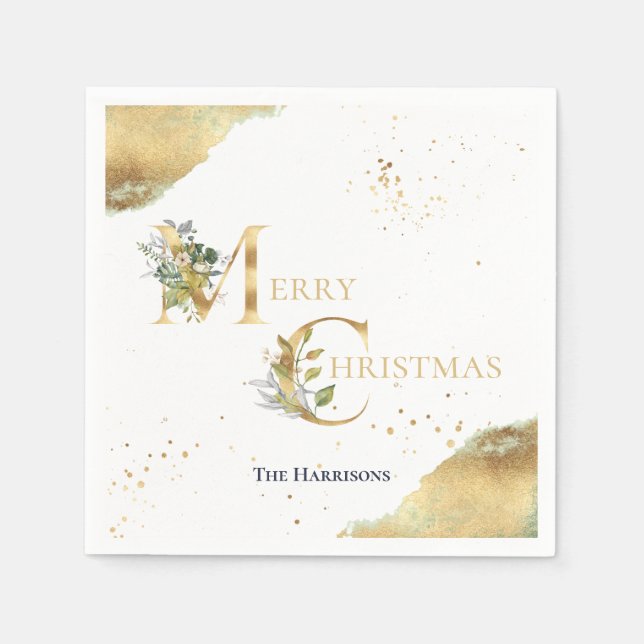 Eleganter Gold Foil Bloral Glitzer Frohe Weihnacht Serviette (Vorderseite)