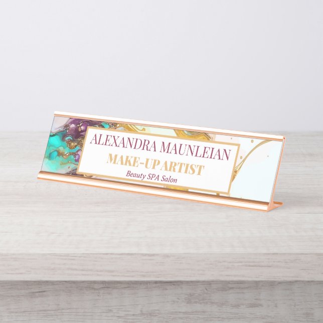 Eleganter Gold Fox Marmor Monogram Beauty Salon Schreibtischnamensplakette (Vorderseite )