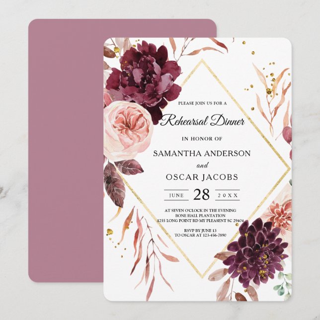 Eleganter Gold-Frame-Floral Rot und Rosa Einladung (Vorne/Hinten)