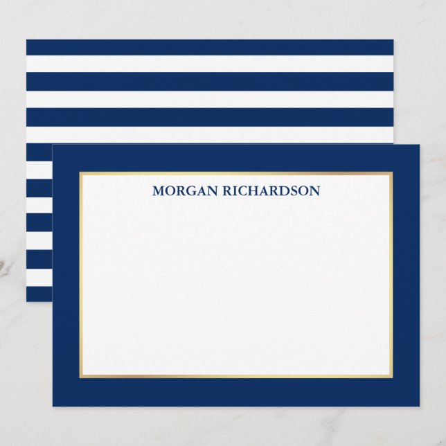 Eleganter Gold Frame Navy Blue Striping Mitteilungskarte (Vorne/Hinten)