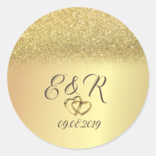 Eleganter Gold Glitter Bokeh, Herzen Hochzeit Runder Aufkleber